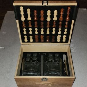 Wooden Chess and Whiskey Glass Set
